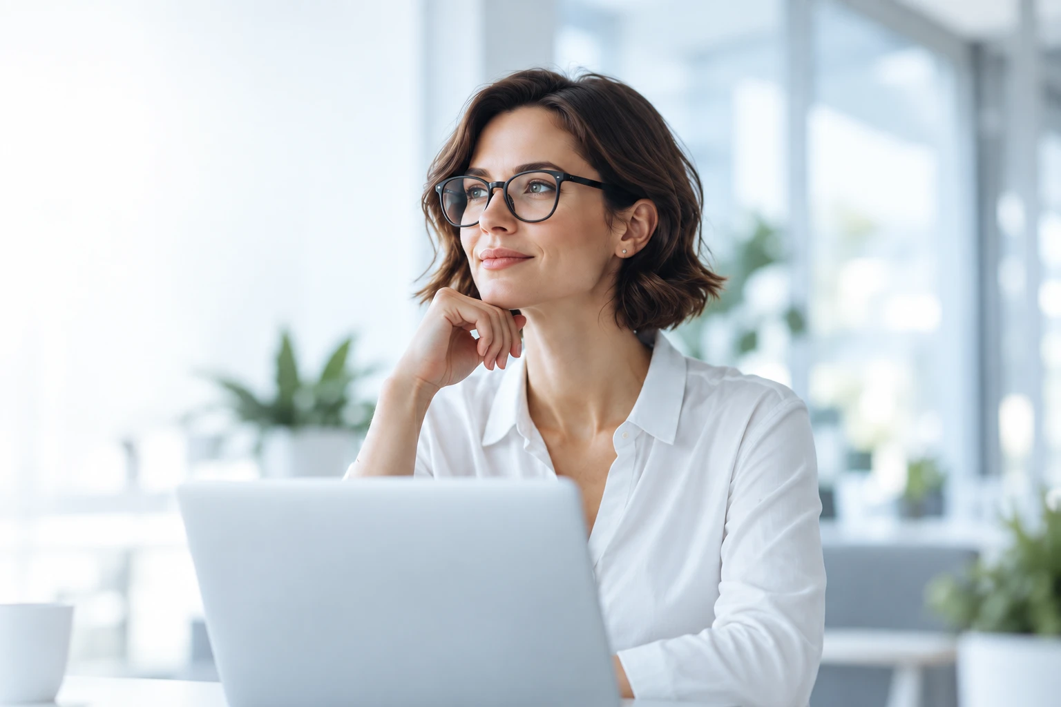 Professional wearing glasses working at a laptop